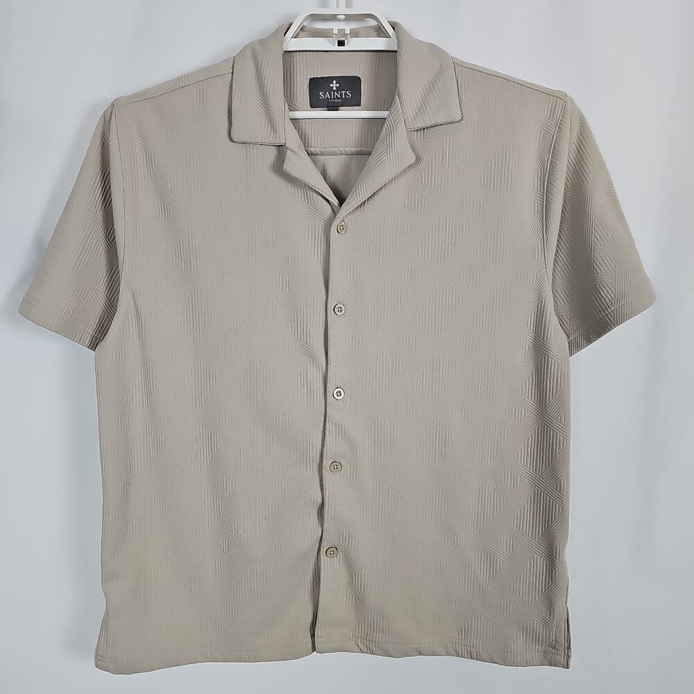 Saints Studio Men Medium Beige Textured Geometric Camp Collar Short Sleeve Shirt